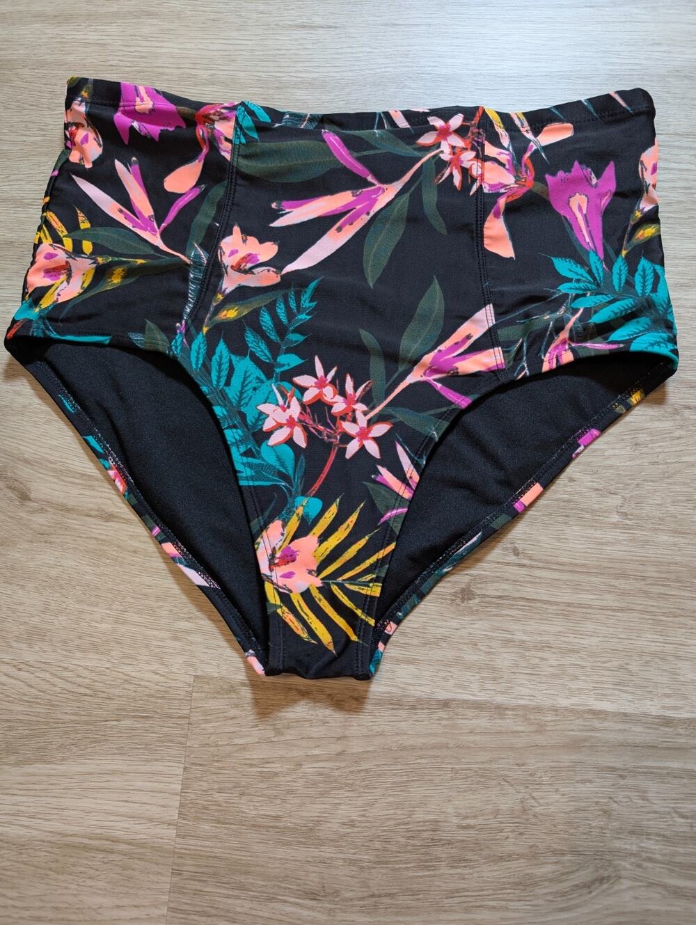 Old Navy Womens L Black Floral High Waist Bikini Bottom Swim Brief Tropical